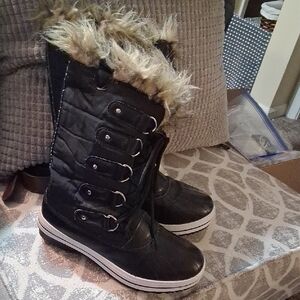Women's Black Winter Boots with Faux Fur Trim Mid